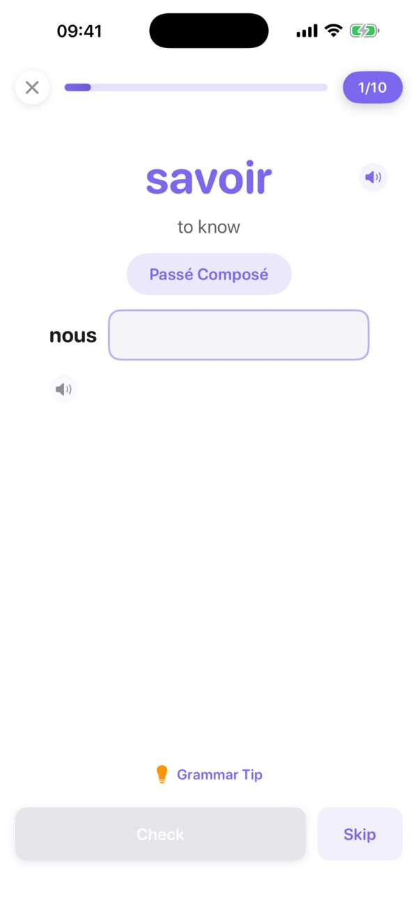 ConjuGo drill screen asking you to conjugate 'savoir' for 'nous' in the passé composé