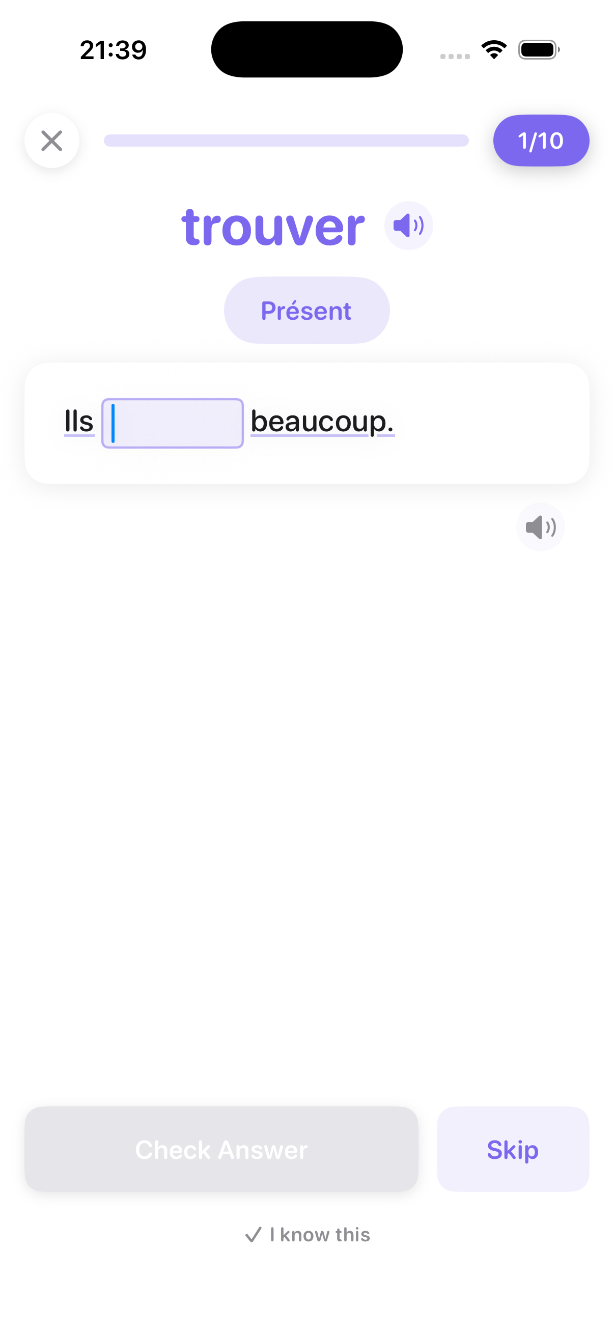 ConjuGo drill screen asking you to conjugate 'trouver' in the présent tense