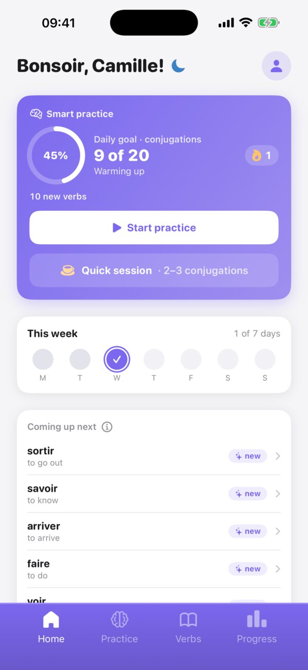 ConjuGo home screen showing a daily goal of 9 of 20 conjugations at 45 percent, a one-day streak, the week's practice days, and the verbs coming up next