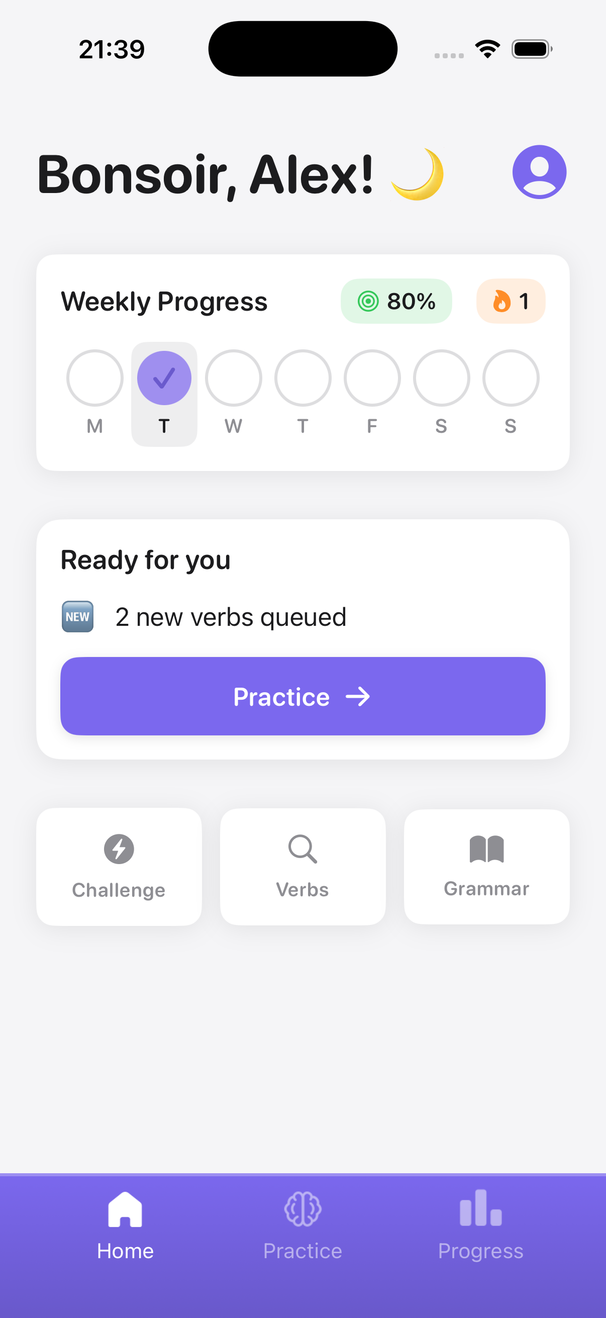 ConjuGo home screen showing weekly progress, streak, and daily practice